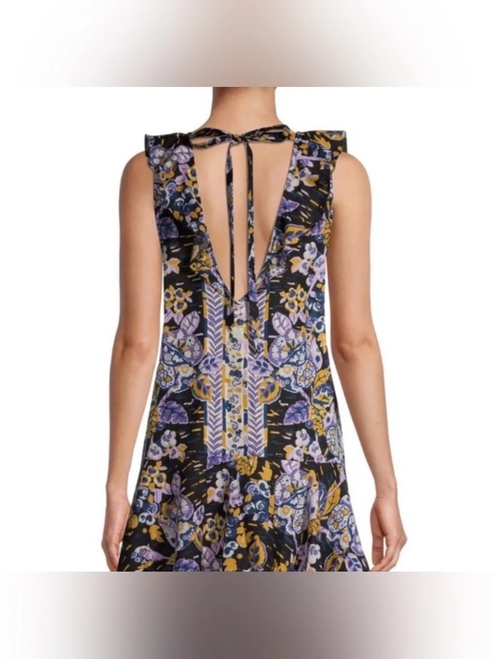 Free People $108 NWT P2P17-18” L28” Dark Combo Linen-Blend Tunic Top Tie Neck